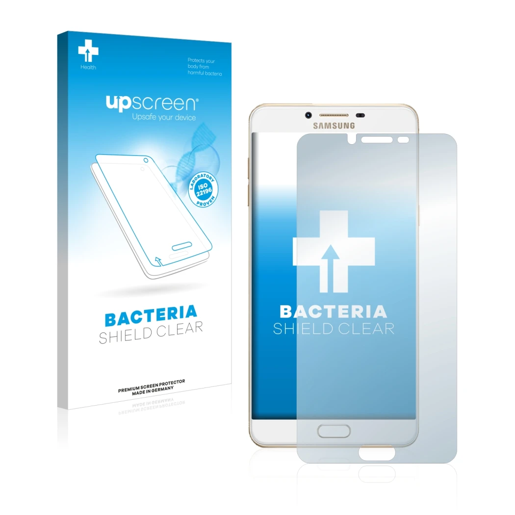 Parte frontal de un envase de producto con el logotipo de la marca upscreen. Al lado se muestra el dispositivo Samsung Galaxy