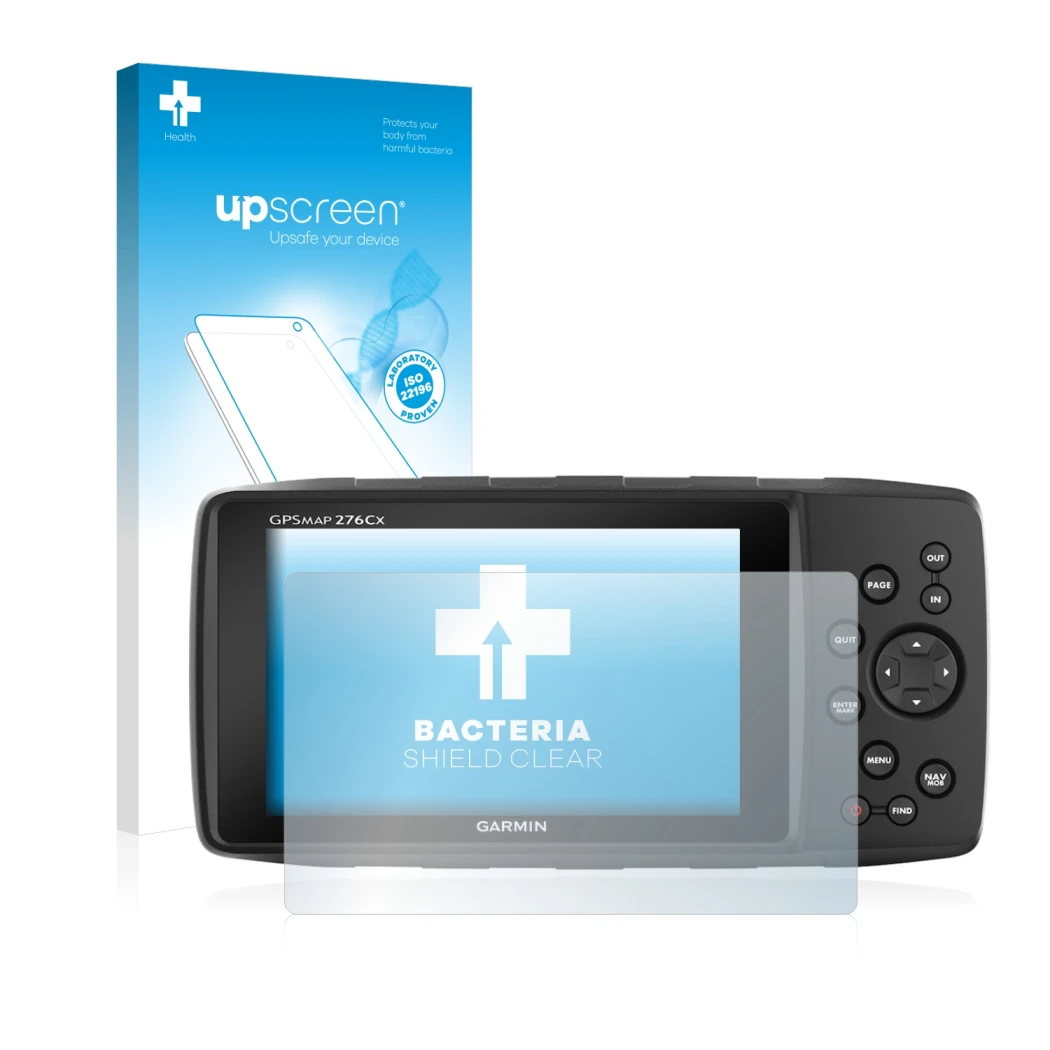 Parte frontal de un envase de producto con el logotipo de la marca upscreen. Al lado se muestra el dispositivo Garmin 276Cx co