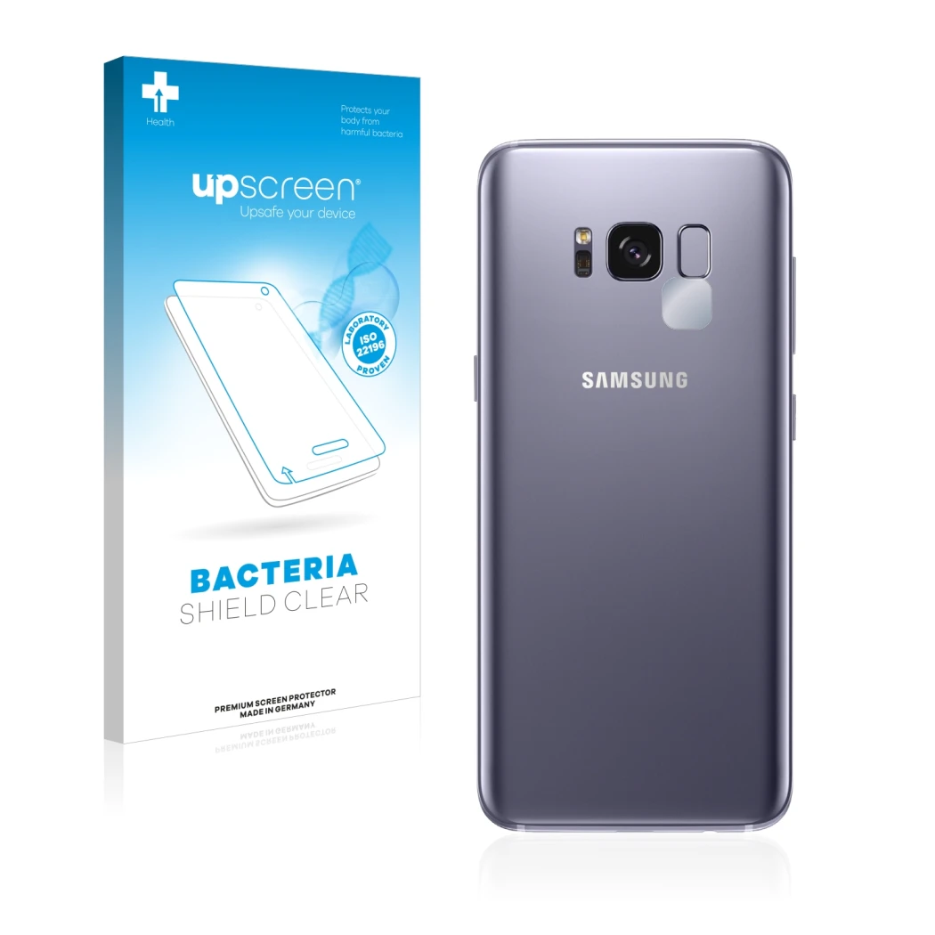 Parte frontal de un envase de producto con el logotipo de la marca upscreen. Al lado se muestra el dispositivo Samsung Galaxy 