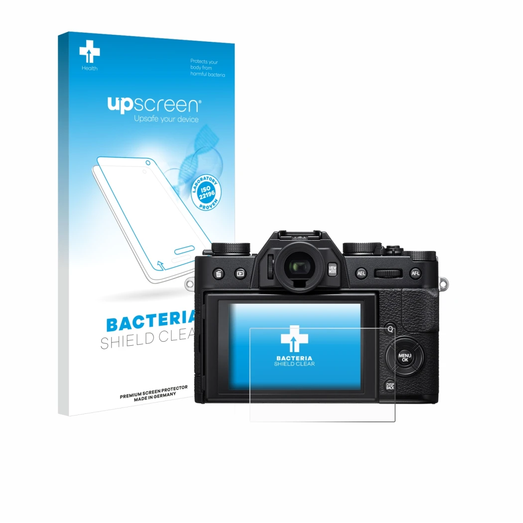 Parte frontal de un envase de producto con el logotipo de la marca upscreen. Al lado se muestra el dispositivo Fujifilm X-T20