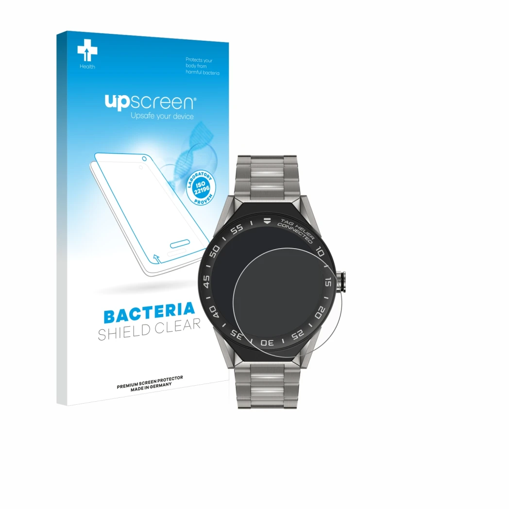 Parte frontal de un envase de producto con el logotipo de la marca upscreen. Al lado se muestra el dispositivo TAG Heuer Conne