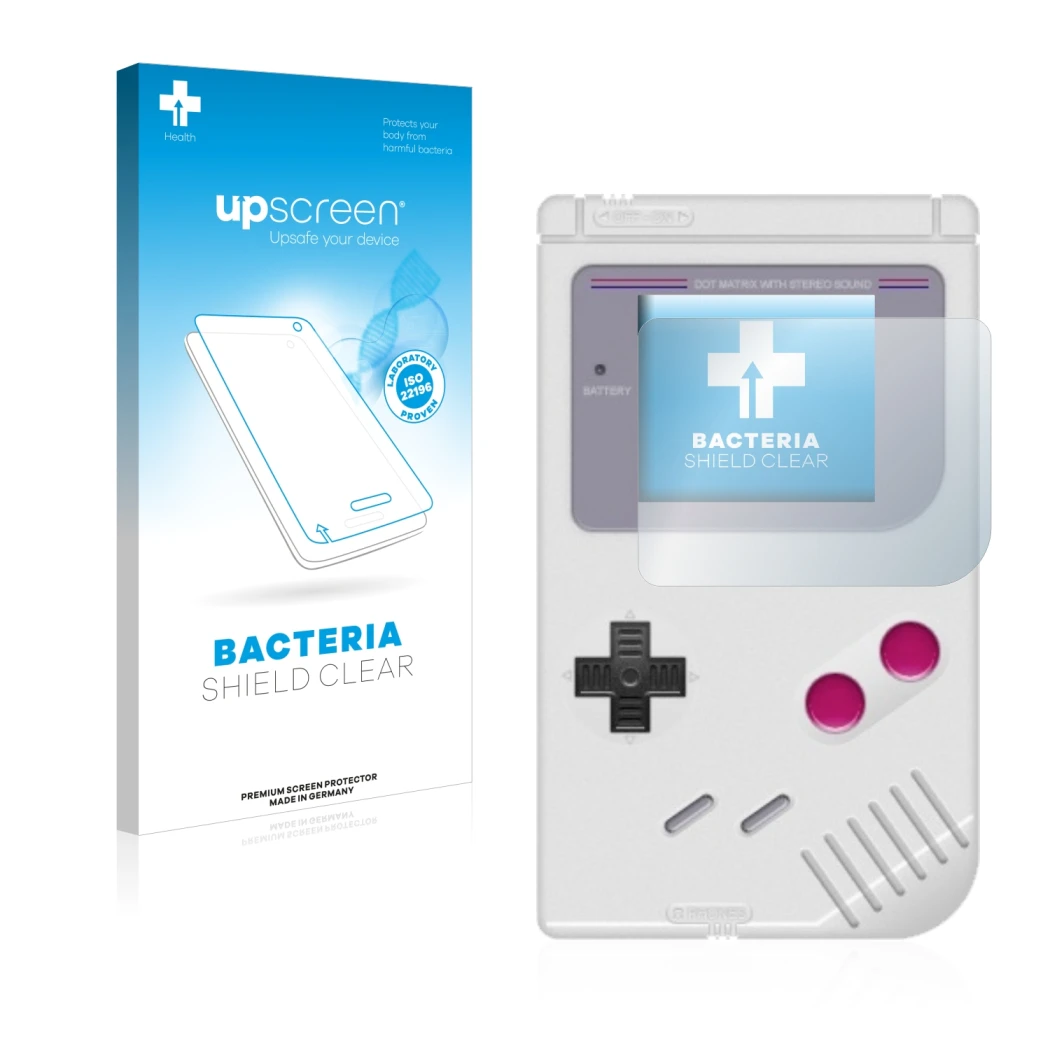 Parte frontal de un envase de producto con el logotipo de la marca upscreen. Al lado se muestra el dispositivo Nintendo Gamebo