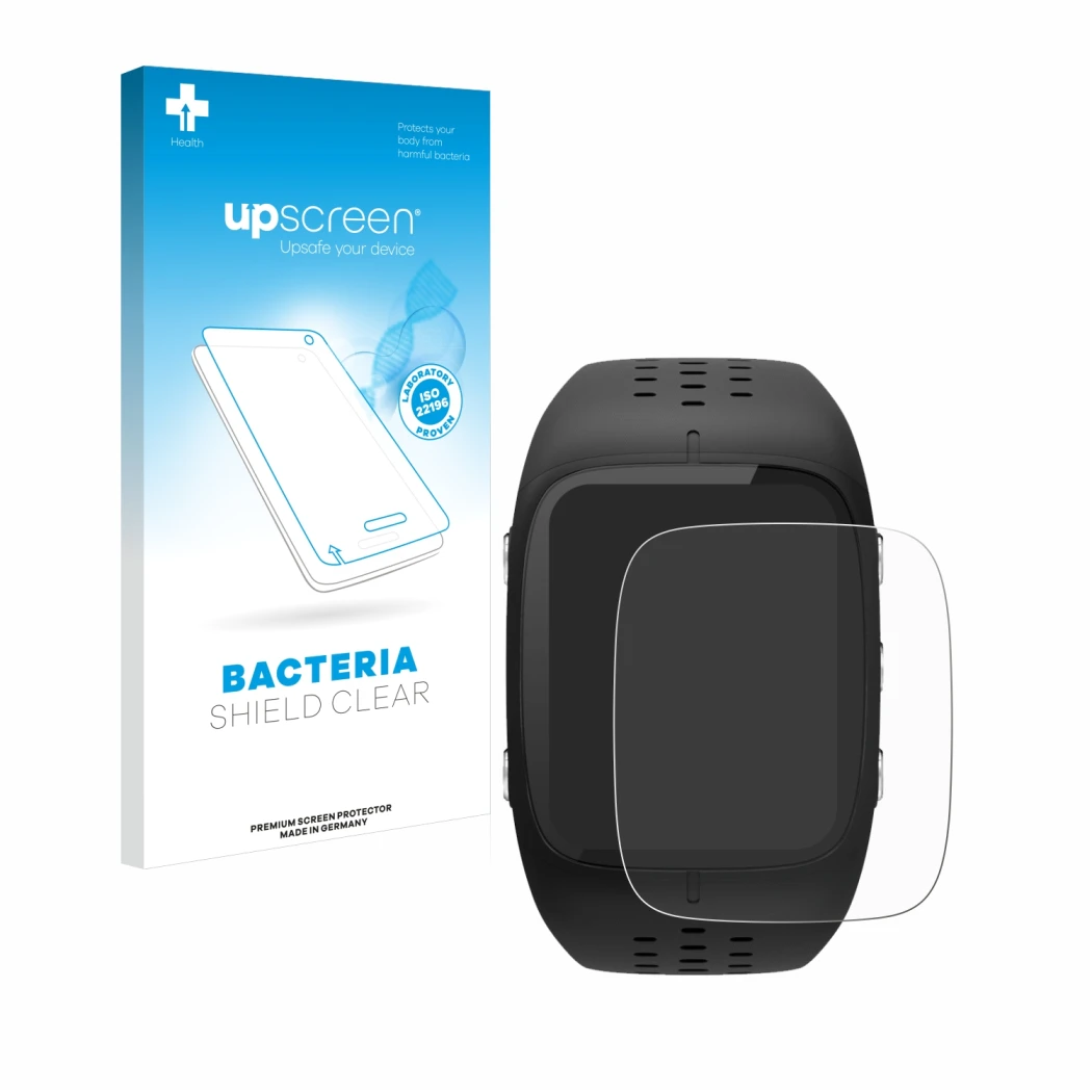 Parte frontal de un envase de producto con el logotipo de la marca upscreen. Al lado se muestra el dispositivo Polar M430 con