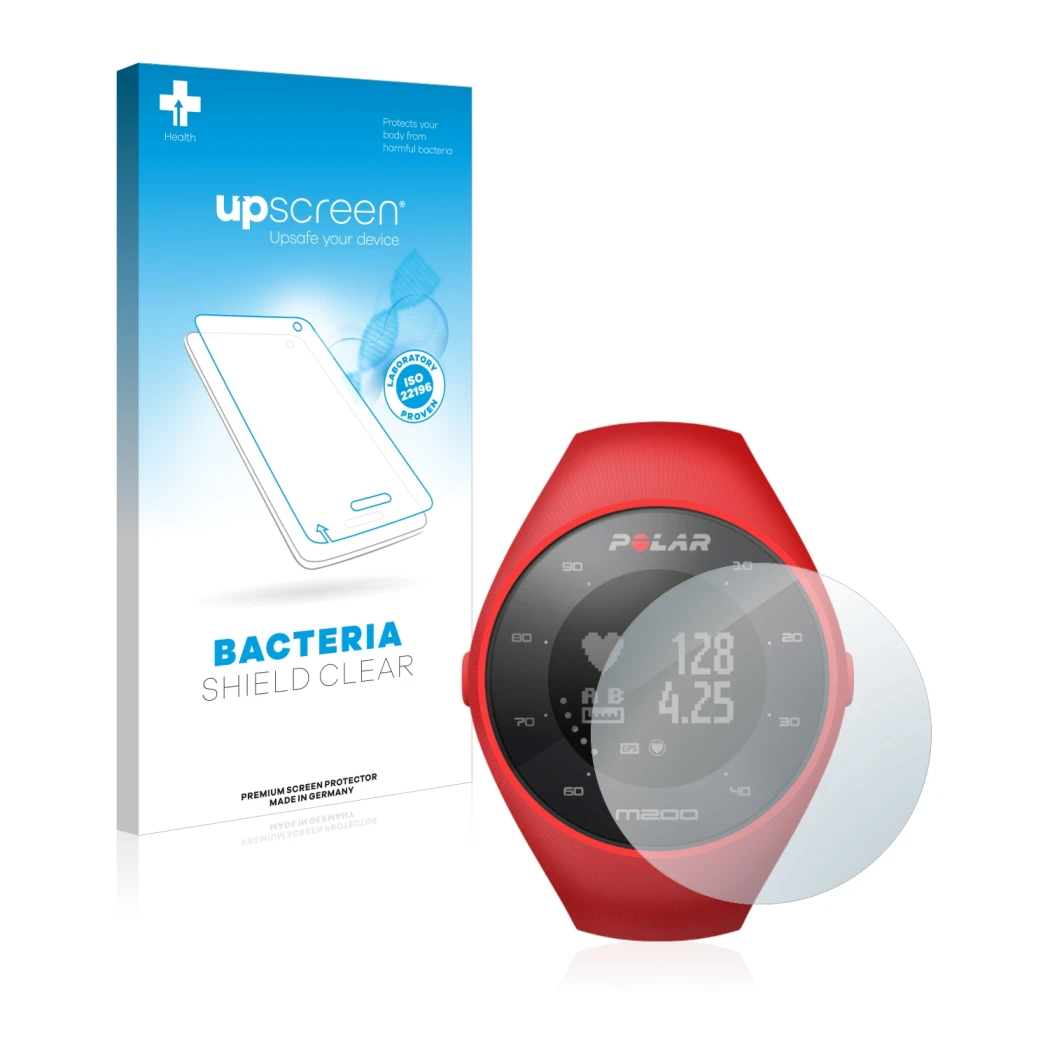 Parte frontal de un envase de producto con el logotipo de la marca upscreen. Al lado se muestra el dispositivo Polar M200 con