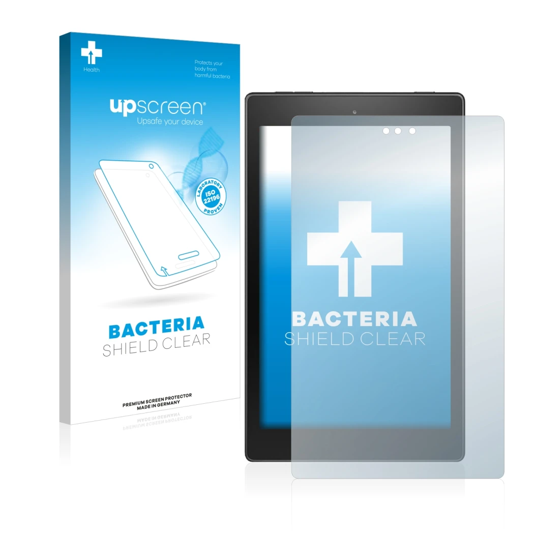 Parte frontal de un envase de producto con el logotipo de la marca upscreen. Al lado se muestra el dispositivo Amazon Fire HD