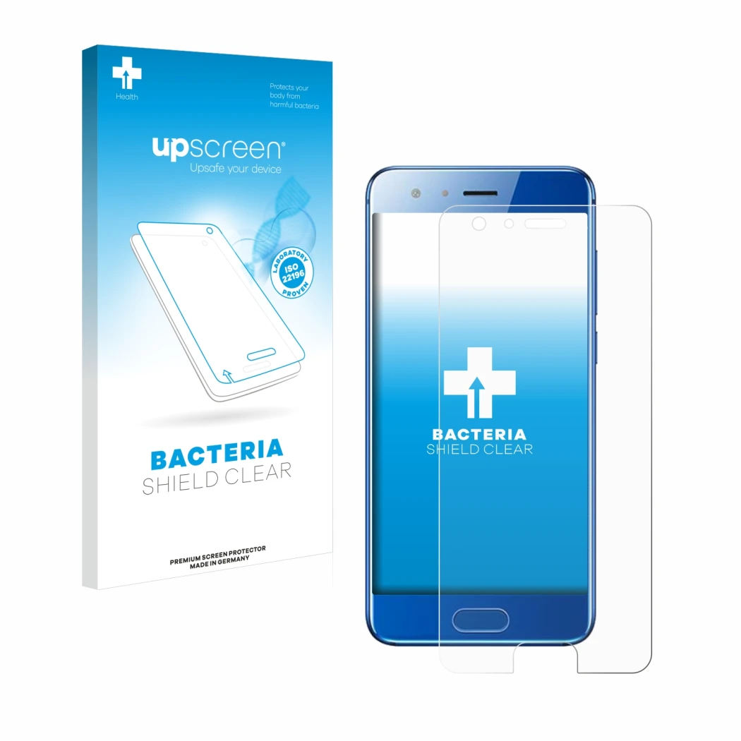 Parte frontal de un envase de producto con el logotipo de la marca upscreen. Al lado se muestra el dispositivo Honor 9 con su