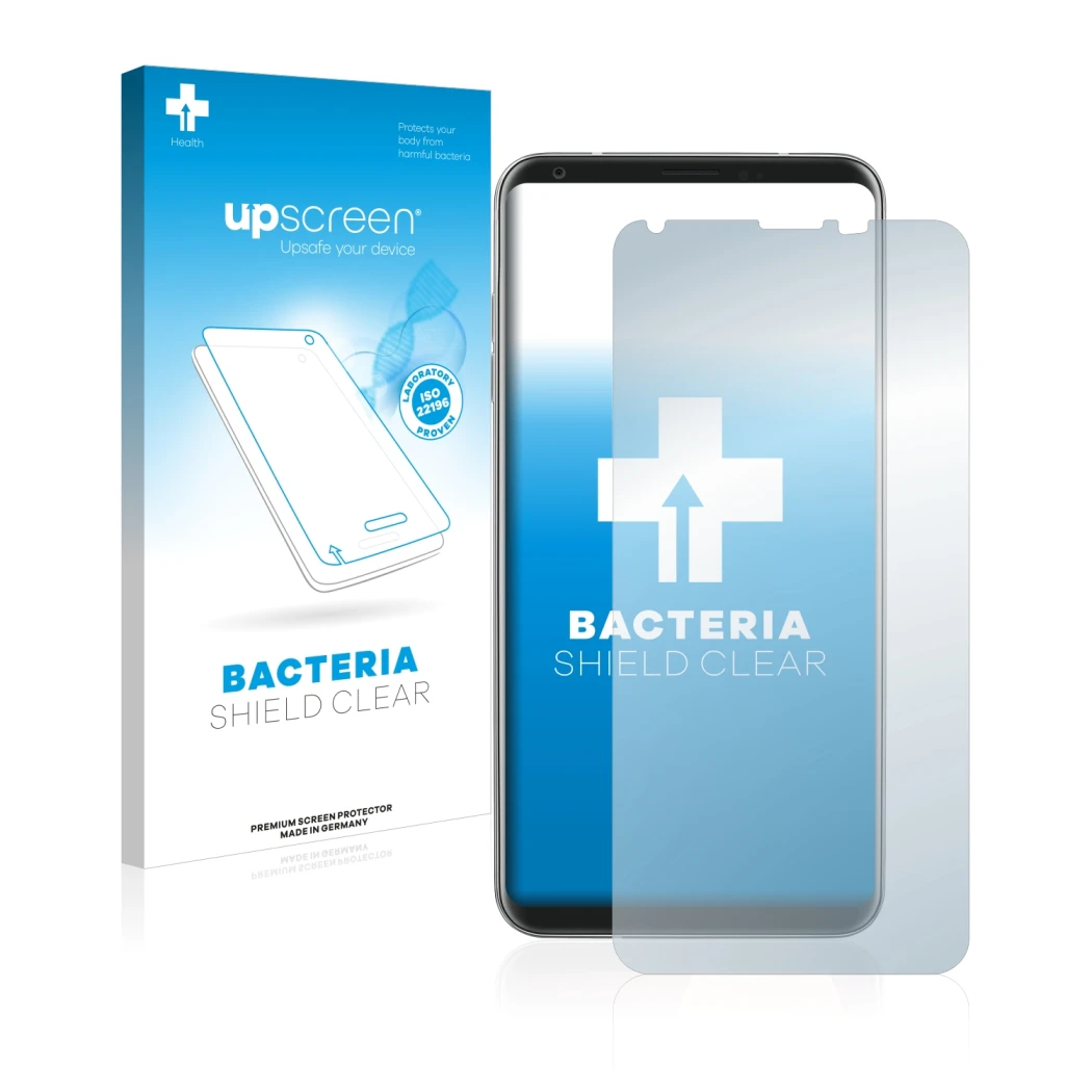 Parte frontal de un envase de producto con el logotipo de la marca upscreen. Al lado se muestra el dispositivo LG V30 con su p