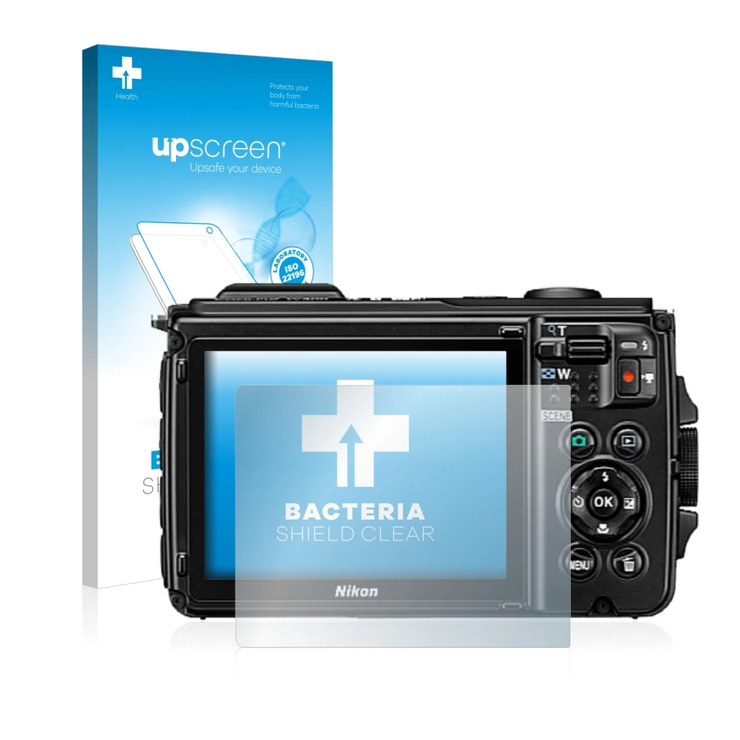 Parte frontal de un envase de producto con el logotipo de la marca upscreen. Al lado se muestra el dispositivo Nikon Coolpix W