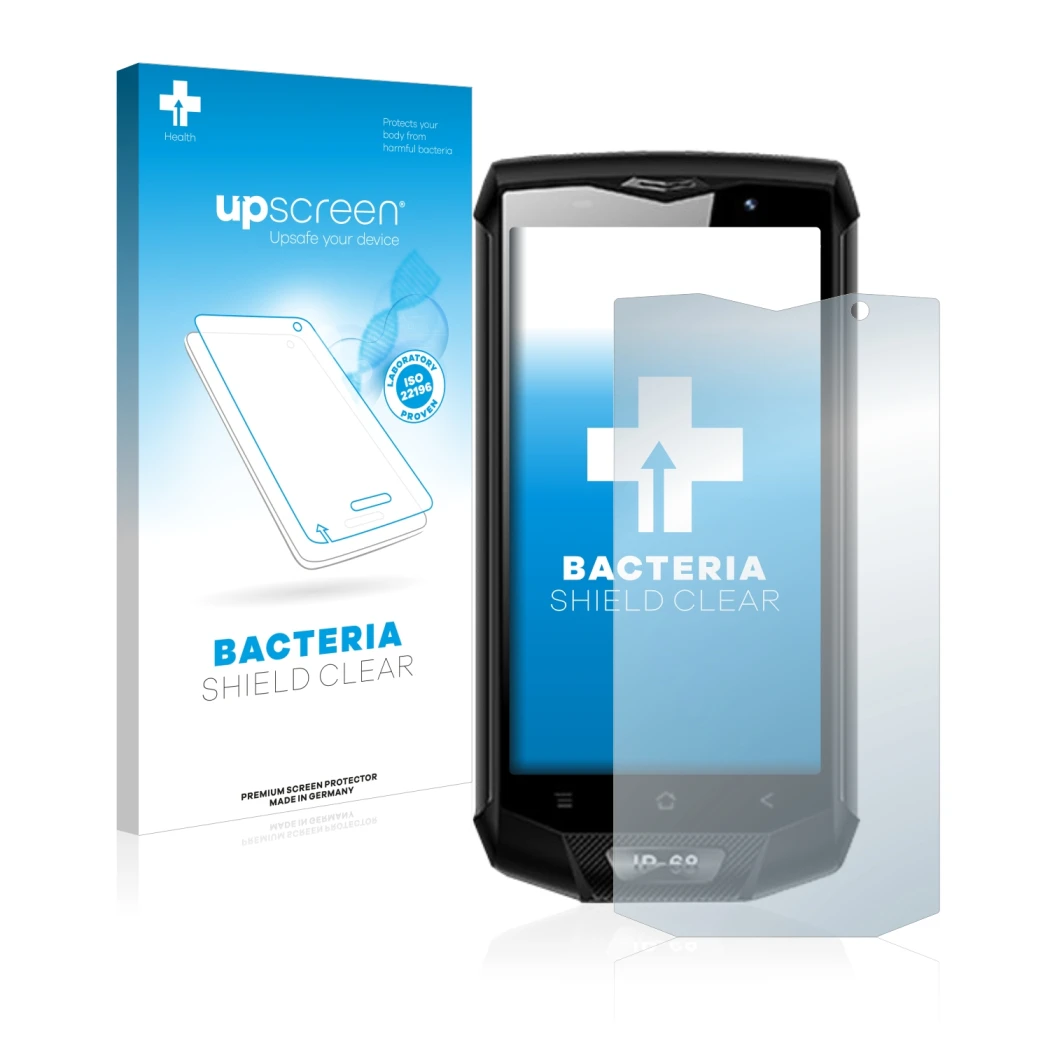 Parte frontal de un envase de producto con el logotipo de la marca upscreen. Al lado se muestra el dispositivo Blackview BV800