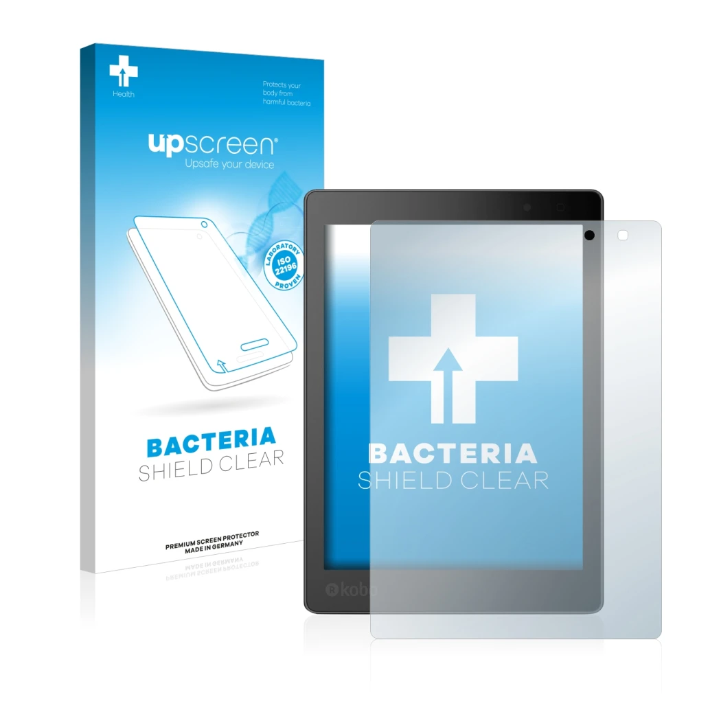 Parte frontal de un envase de producto con el logotipo de la marca upscreen. Al lado se muestra el dispositivo Kobo Aura One c
