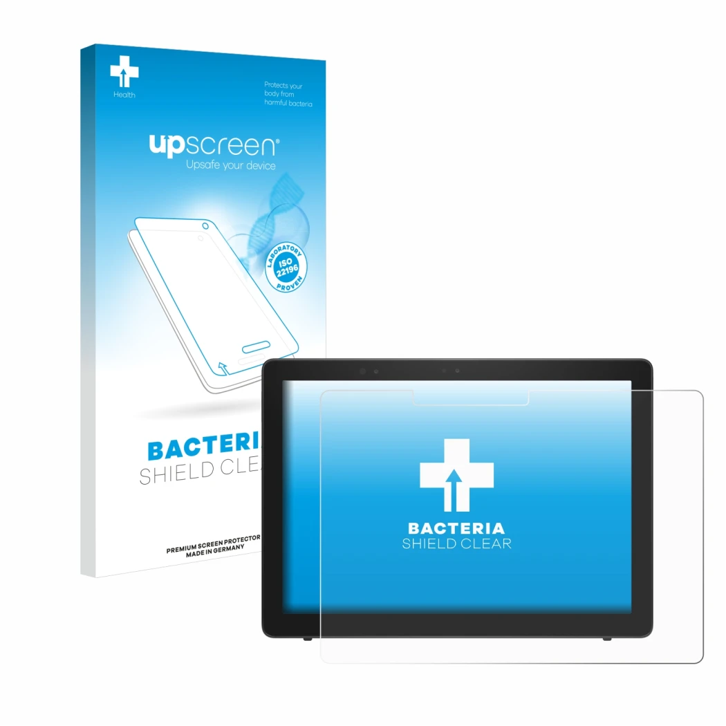 Parte frontal de un envase de producto con el logotipo de la marca upscreen. Al lado se muestra el dispositivo Dell Latitude 5