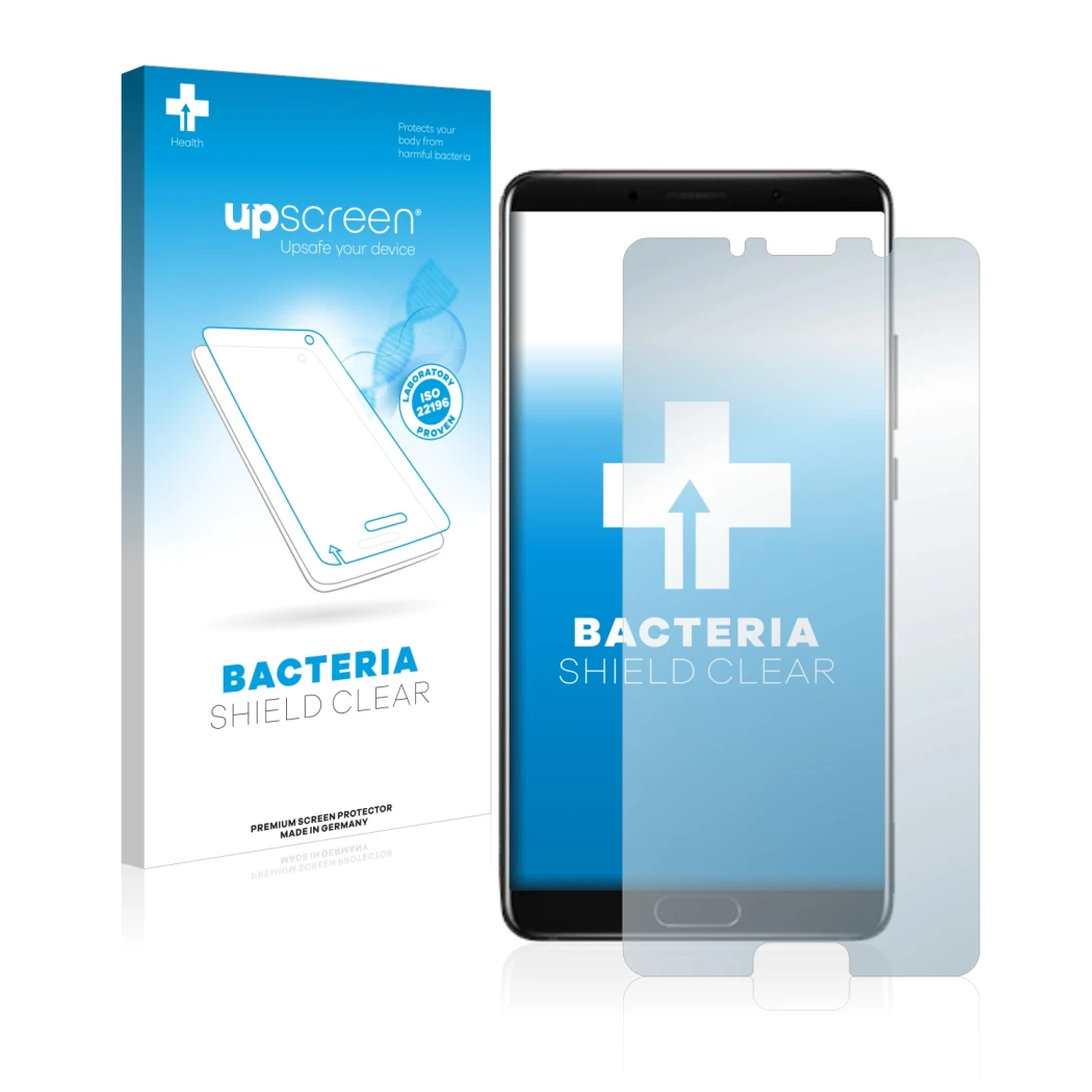 Parte frontal de un envase de producto con el logotipo de la marca upscreen. Al lado se muestra el dispositivo Huawei Mate 10 