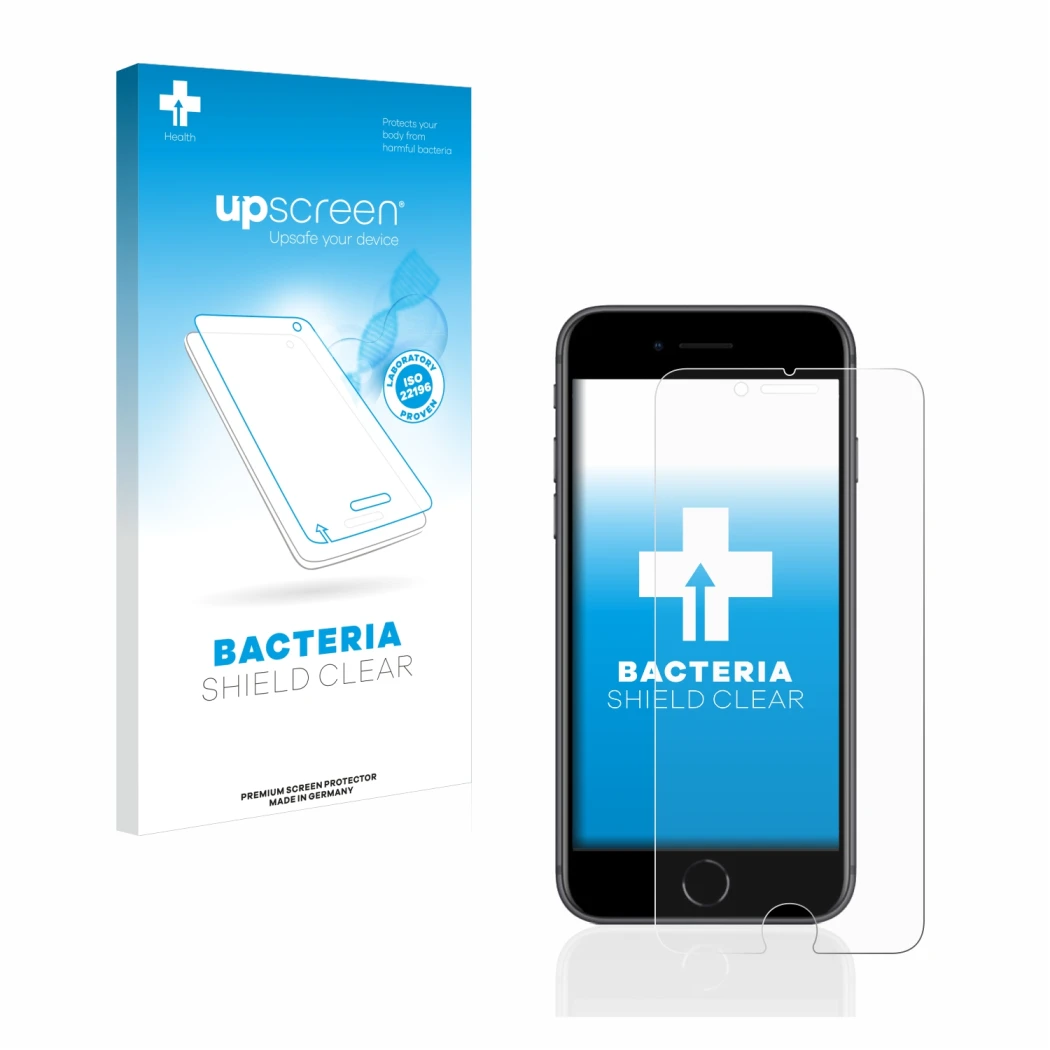 Parte frontal de un envase de producto con el logotipo de la marca upscreen. Al lado se muestra el dispositivo Apple iPhone 8