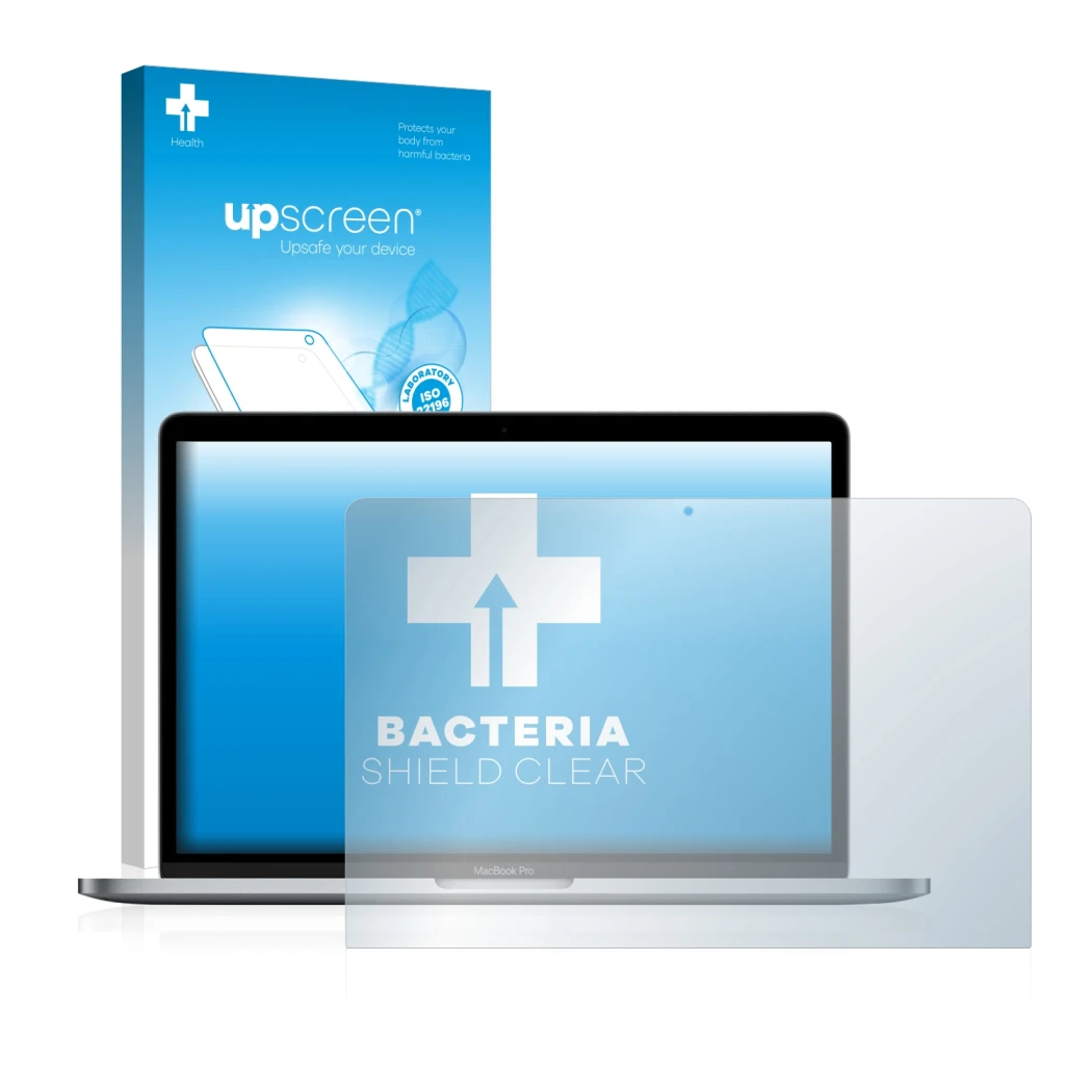 Parte frontal de un envase de producto con el logotipo de la marca upscreen. Al lado se muestra el dispositivo Apple MacBook P