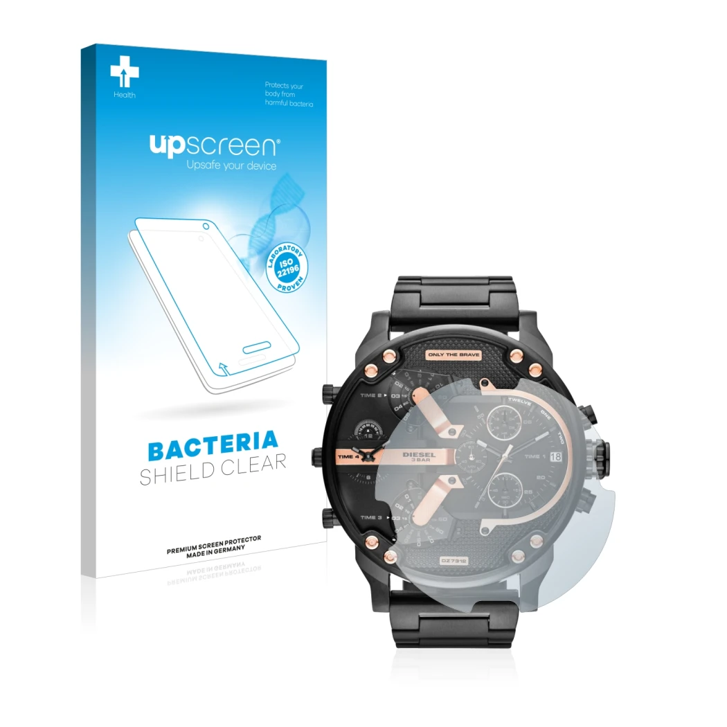 Parte frontal de un envase de producto con el logotipo de la marca upscreen. Al lado se muestra el dispositivo Diesel DZ7312 c