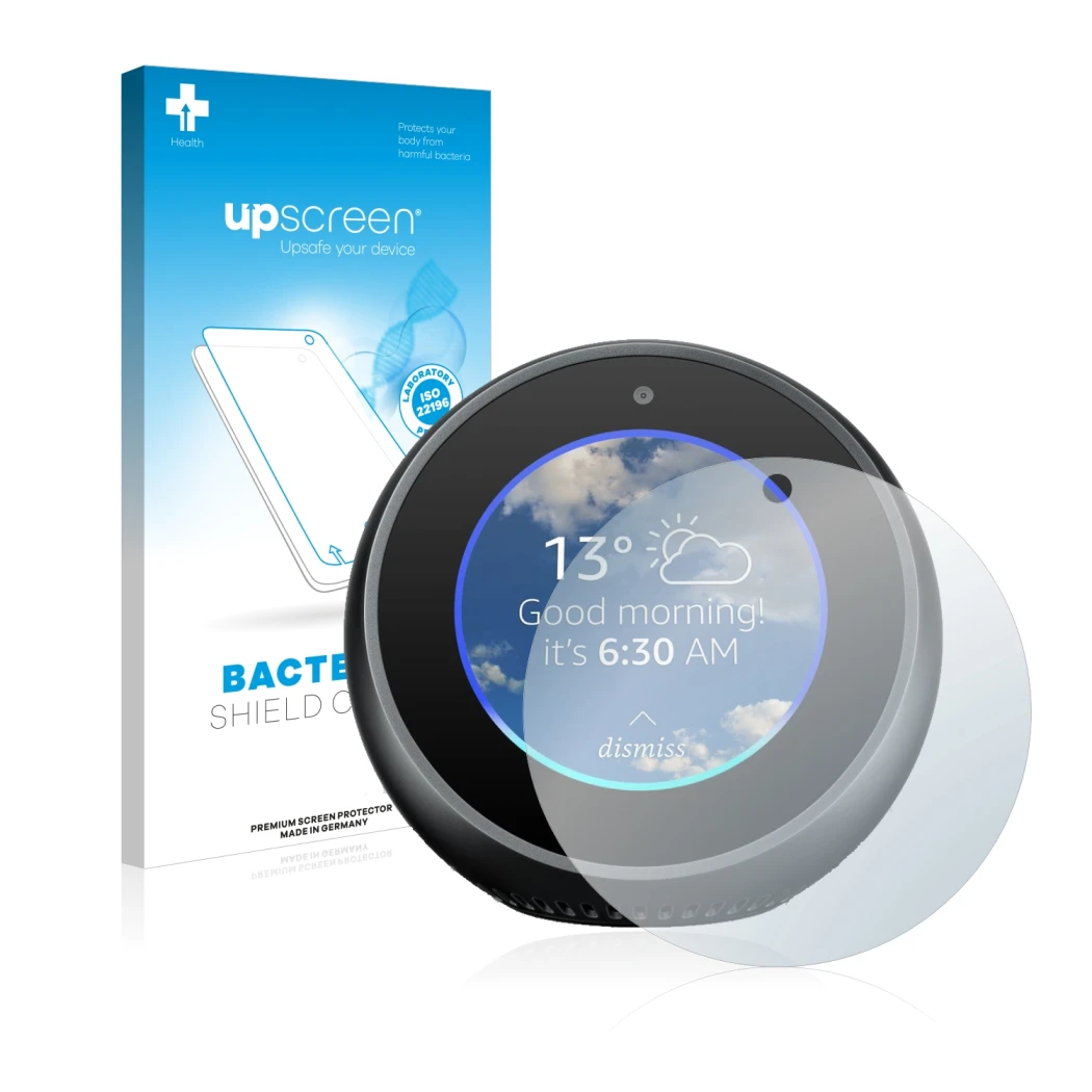 Parte frontal de un envase de producto con el logotipo de la marca upscreen. Al lado se muestra el dispositivo Amazon Echo Spo