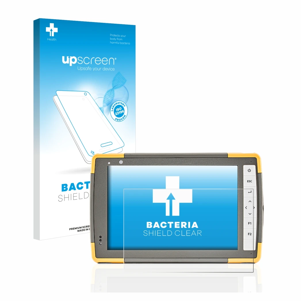 Parte frontal de un envase de producto con el logotipo de la marca upscreen. Al lado se muestra el dispositivo Topcon FC-5000 