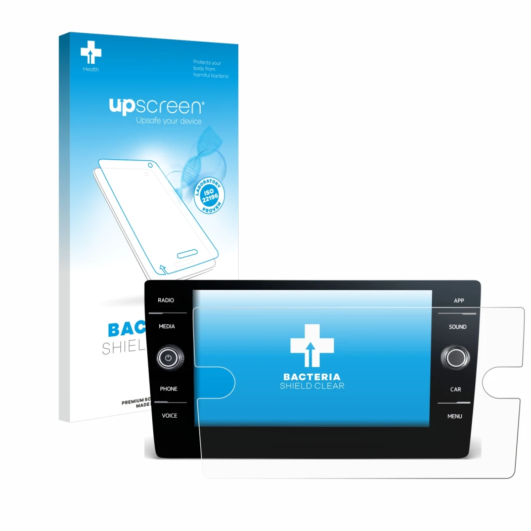 Parte frontal de un envase de producto con el logotipo de la marca upscreen. Al lado se muestra el dispositivo Volkswagen T-Ro