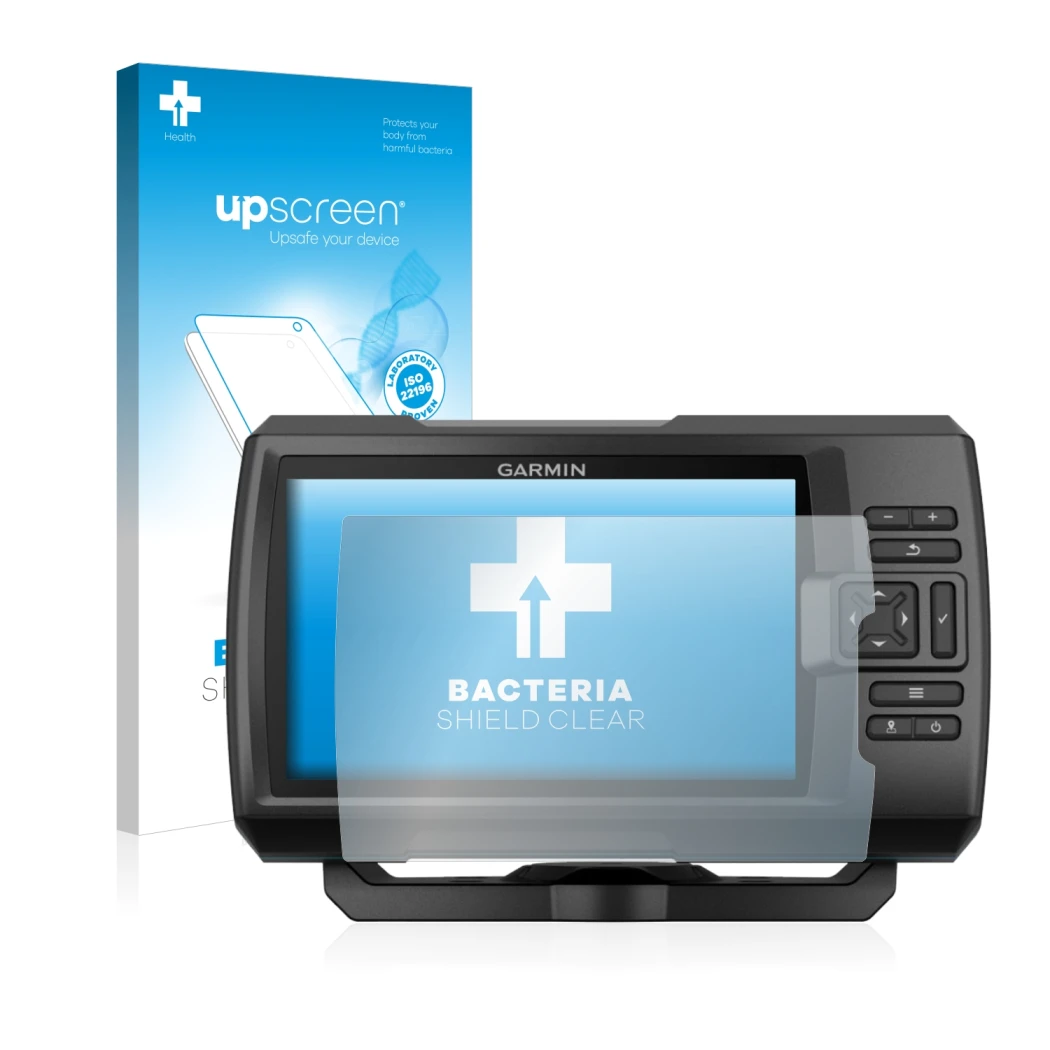 Parte frontal de un envase de producto con el logotipo de la marca upscreen. Al lado se muestra el dispositivo Garmin Striker 