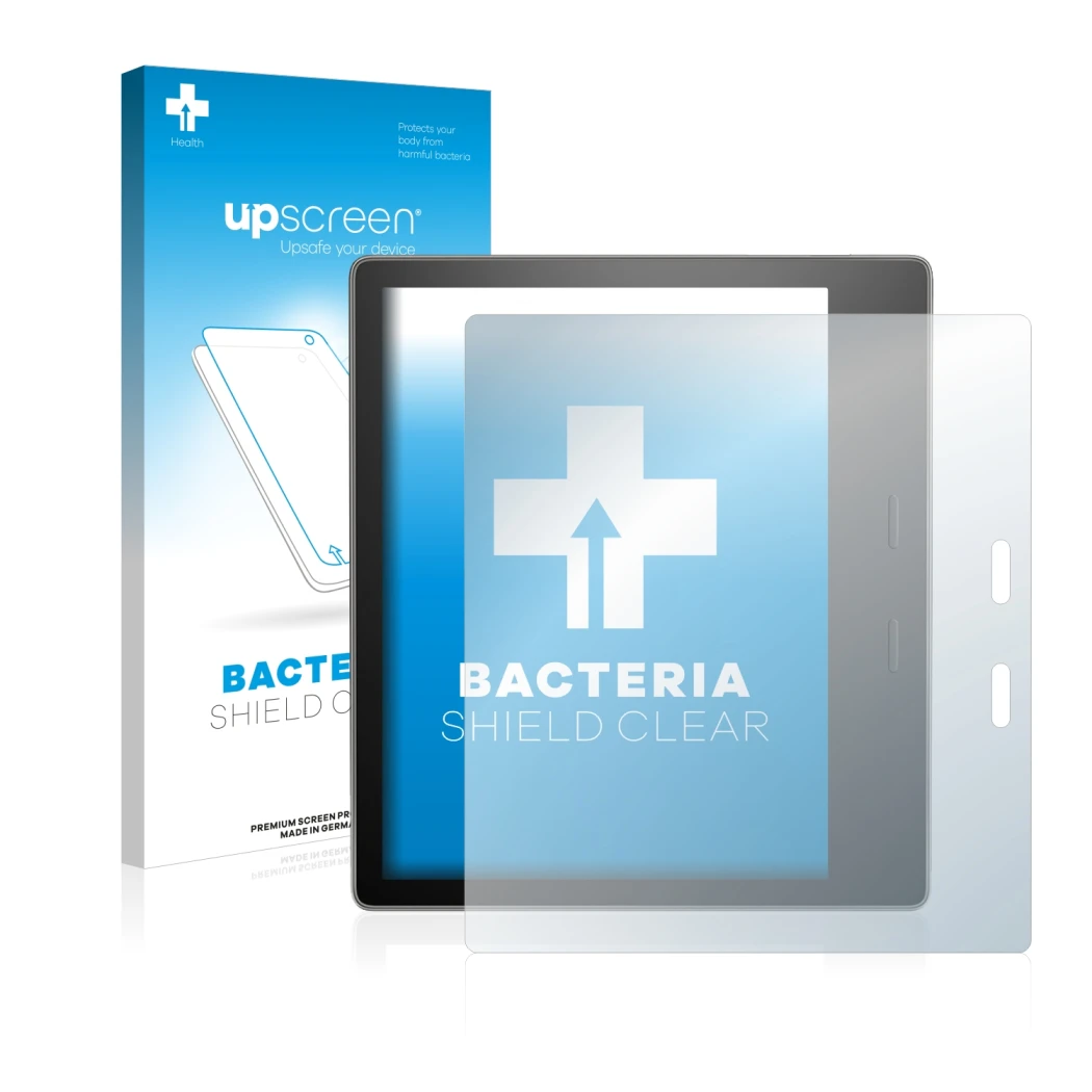 Parte frontal de un envase de producto con el logotipo de la marca upscreen. Al lado se muestra el dispositivo Amazon Kindle O