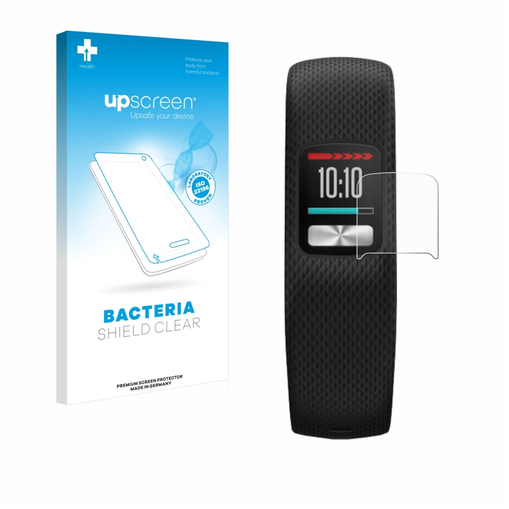 Parte frontal de un envase de producto con el logotipo de la marca upscreen. Al lado se muestra el dispositivo Garmin Vivofit