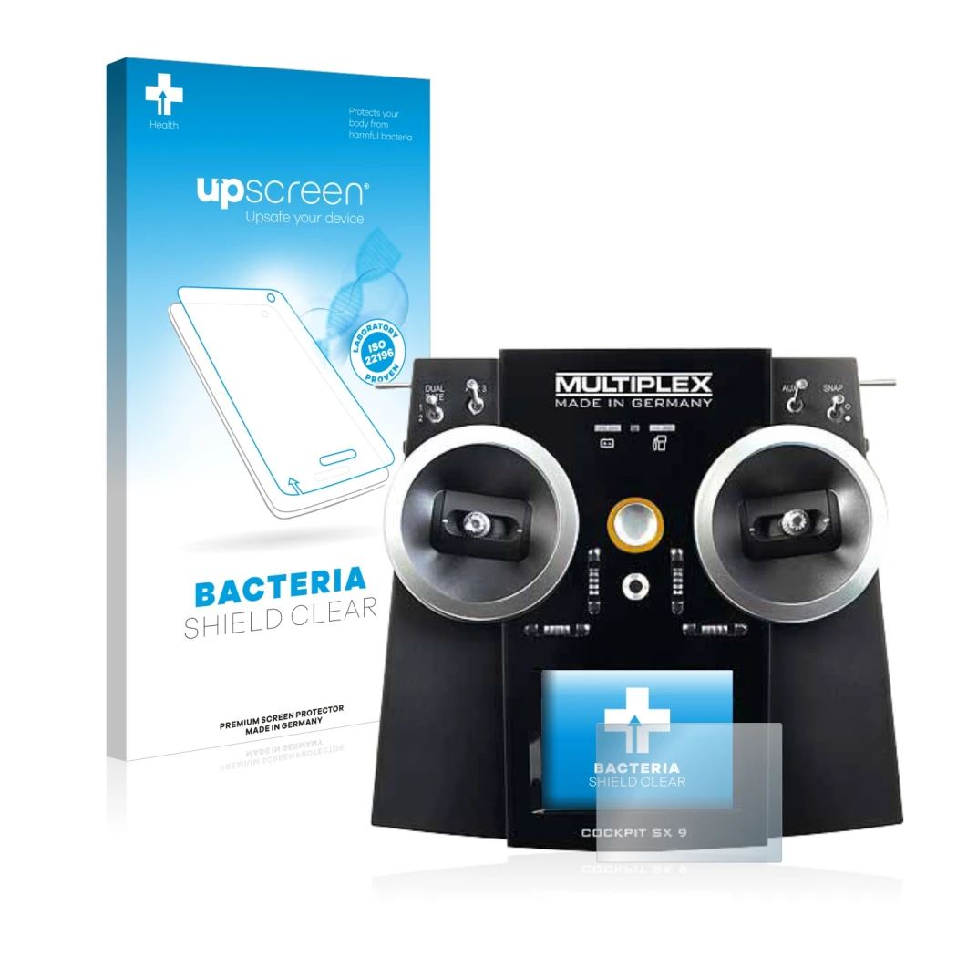 Parte frontal de un envase de producto con el logotipo de la marca upscreen. Al lado se muestra el dispositivo Multiplex Cockp