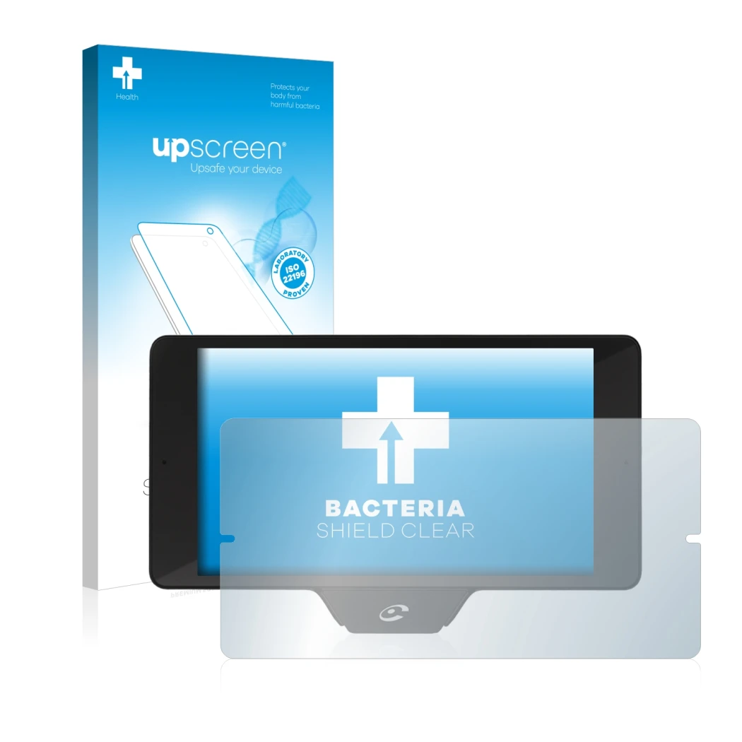 Parte frontal de un envase de producto con el logotipo de la marca upscreen. Al lado se muestra el dispositivo Coyote Nav+ 201