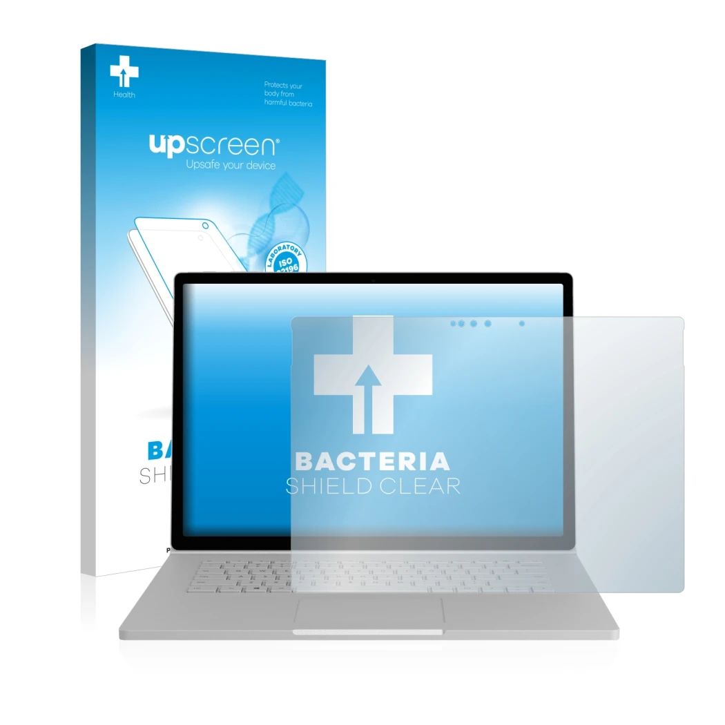 Parte frontal de un envase de producto con el logotipo de la marca upscreen. Al lado se muestra el dispositivo Microsoft Surfa