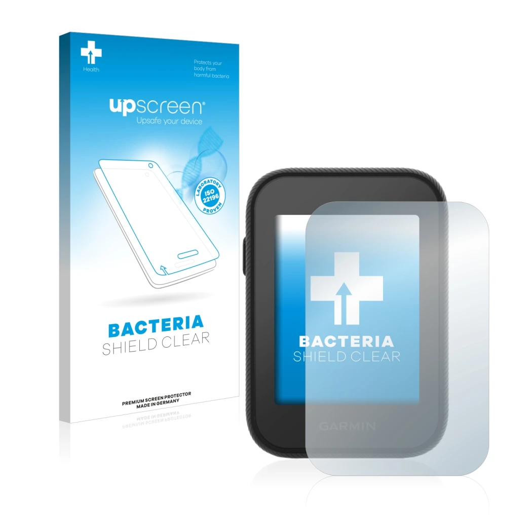 Parte frontal de un envase de producto con el logotipo de la marca upscreen. Al lado se muestra el dispositivo Garmin Approach