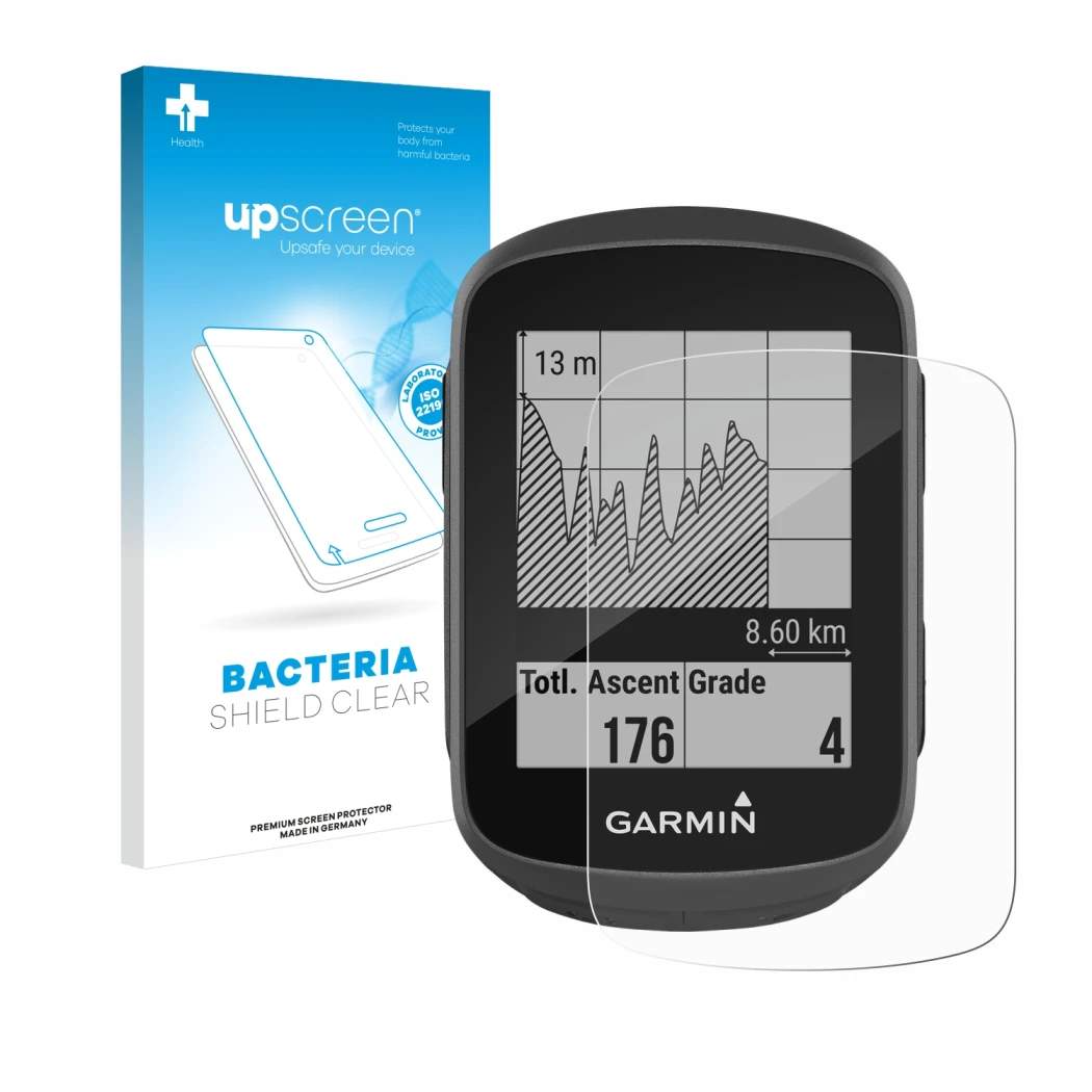 Parte frontal de un envase de producto con el logotipo de la marca upscreen. Al lado se muestra el dispositivo Garmin Edge 130
