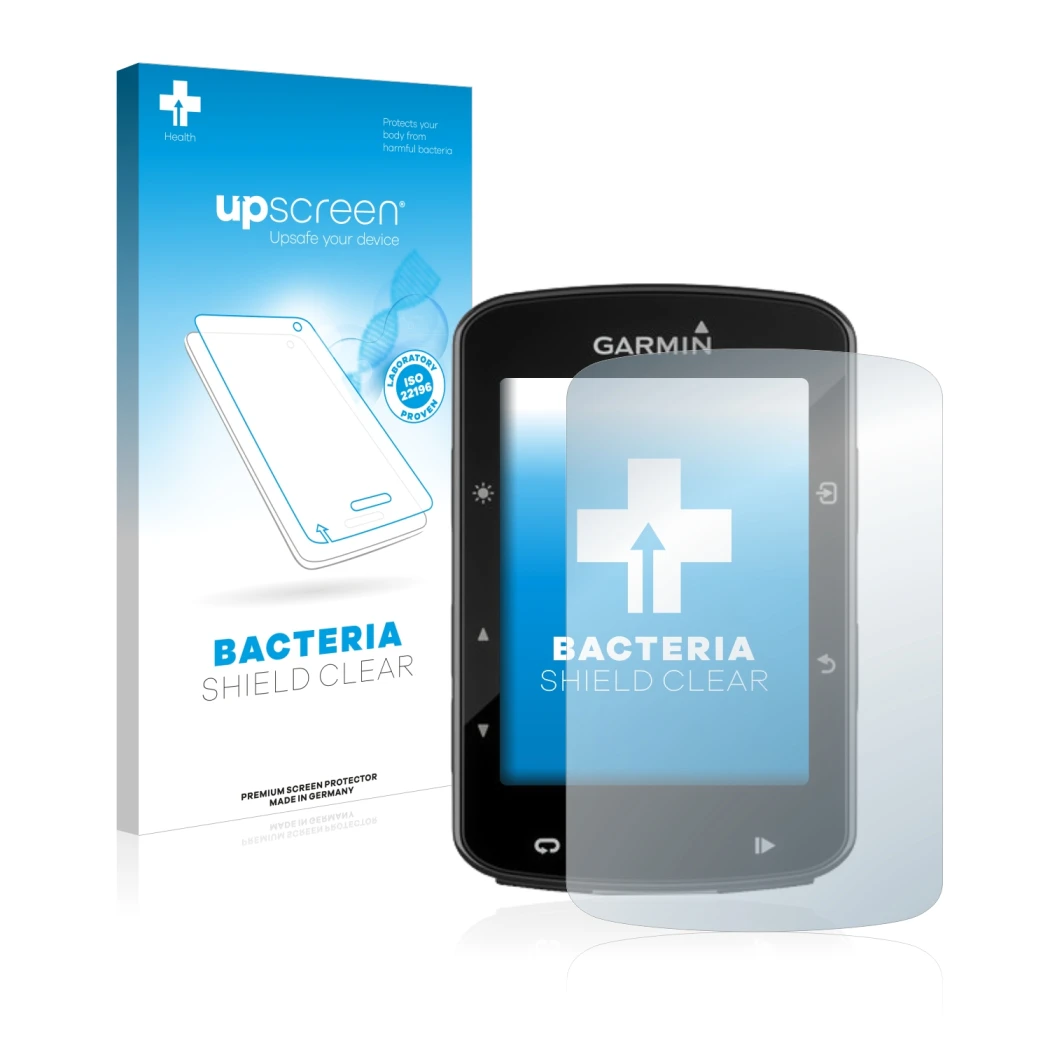 Parte frontal de un envase de producto con el logotipo de la marca upscreen. Al lado se muestra el dispositivo Garmin Edge 520