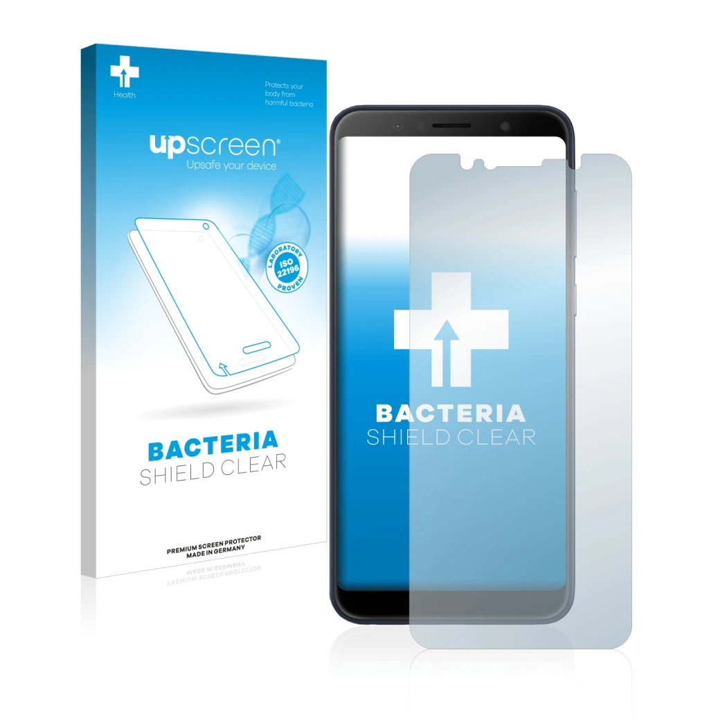 Parte frontal de un envase de producto con el logotipo de la marca upscreen. Al lado se muestra el dispositivo ASUS ZenFone Ma