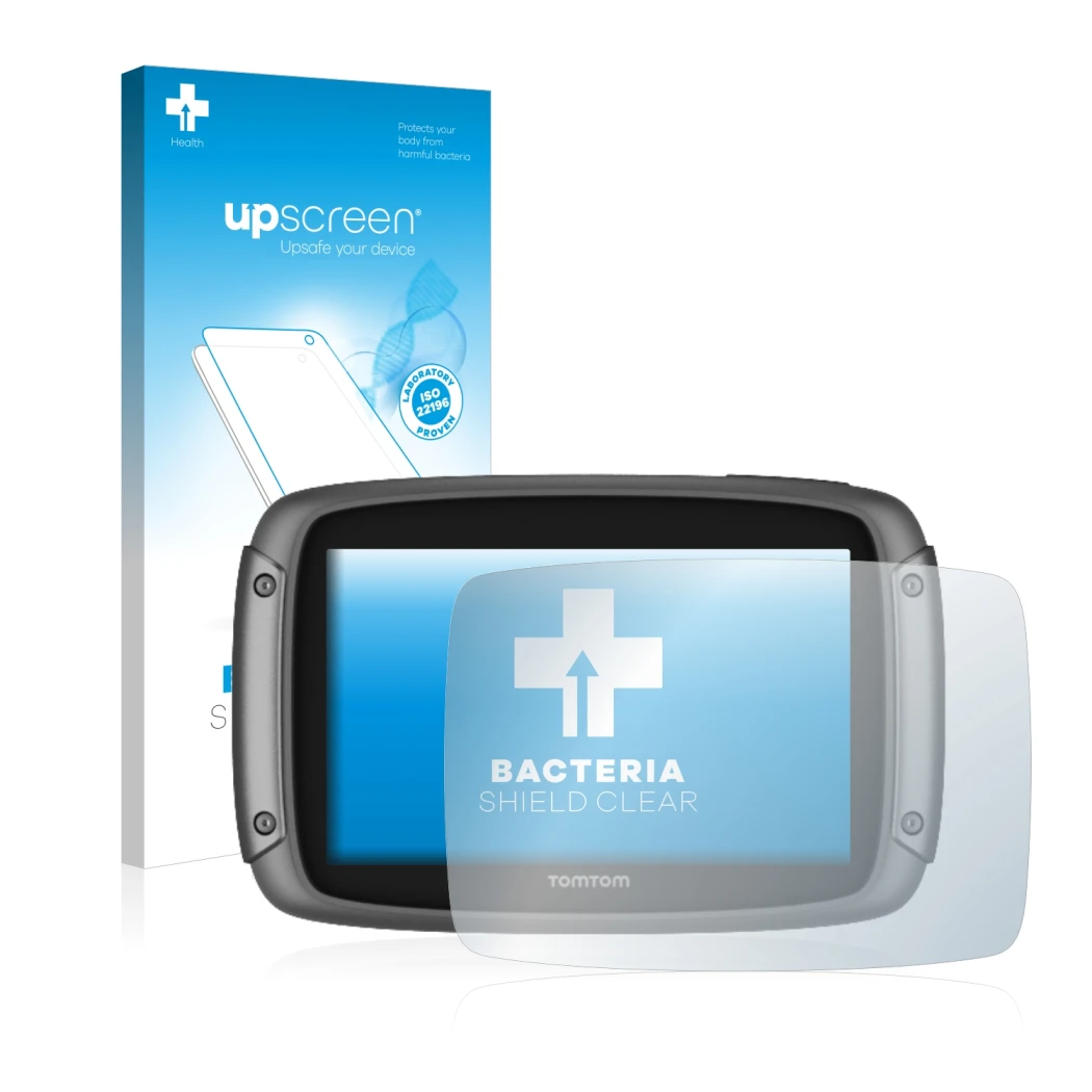 Parte frontal de un envase de producto con el logotipo de la marca upscreen. Al lado se muestra el dispositivo TomTom Rider 50