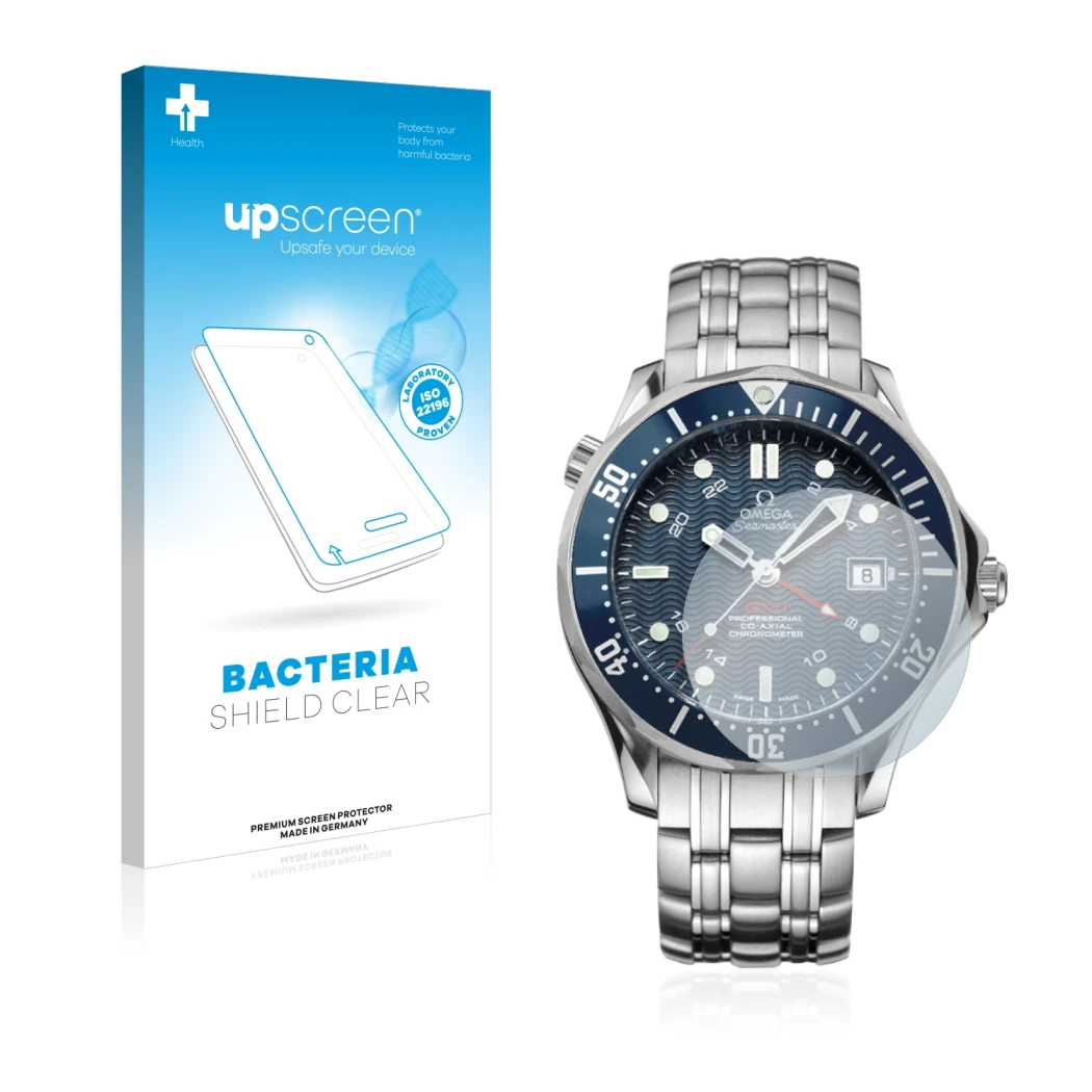 Parte frontal de un envase de producto con el logotipo de la marca upscreen. Al lado se muestra el dispositivo Omega Seamaster