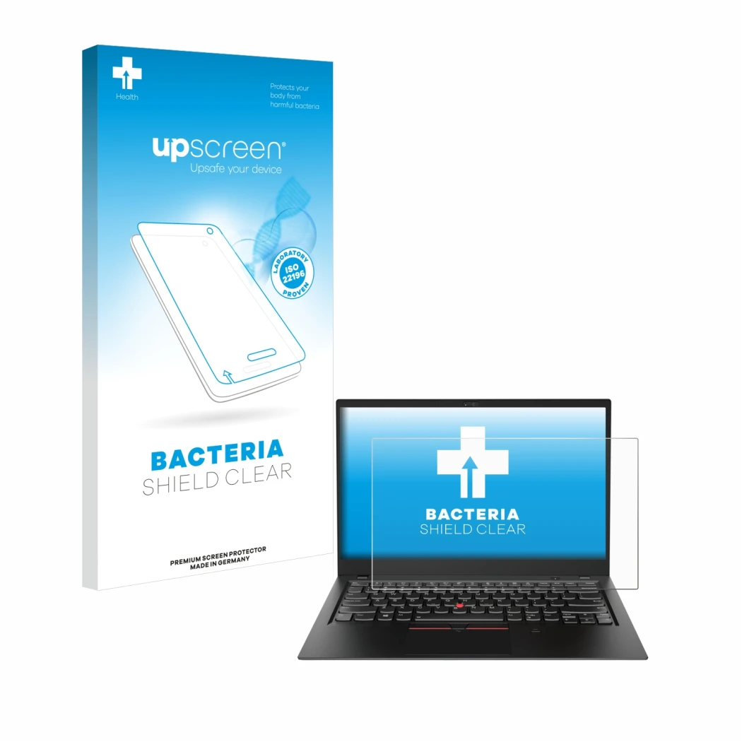 Parte frontal de un envase de producto con el logotipo de la marca upscreen. Al lado se muestra el dispositivo Lenovo ThinkPad