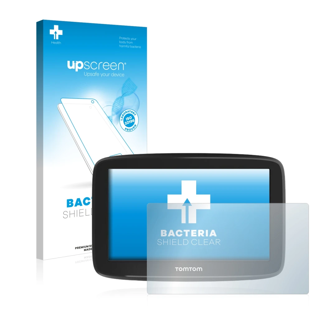 Parte frontal de un envase de producto con el logotipo de la marca upscreen. Al lado se muestra el dispositivo TomTom GO Basic