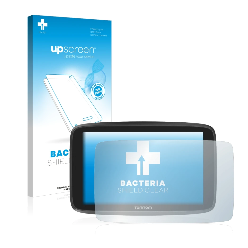 Parte frontal de un envase de producto con el logotipo de la marca upscreen. Al lado se muestra el dispositivo TomTom GO Campe
