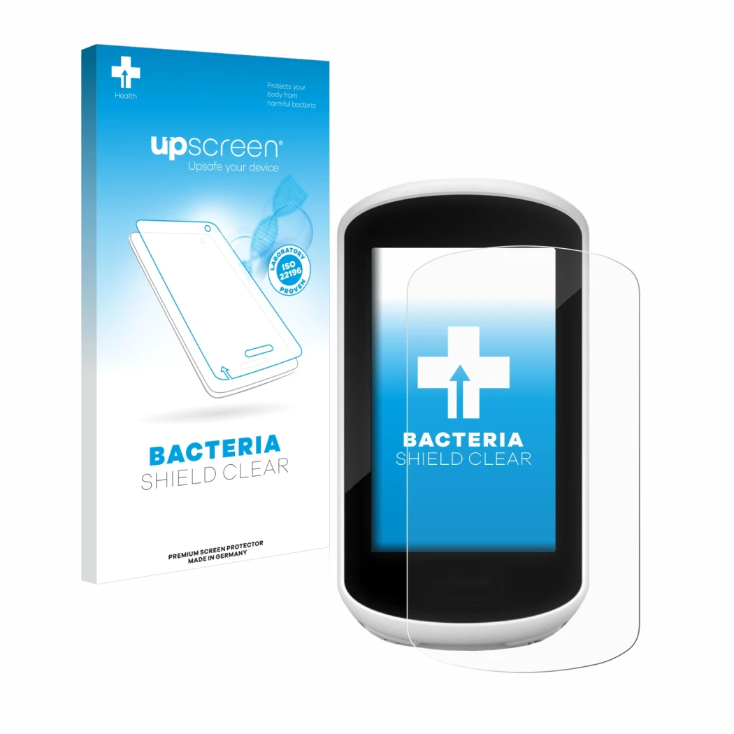 Parte frontal de un envase de producto con el logotipo de la marca upscreen. Al lado se muestra el dispositivo Garmin Edge Exp