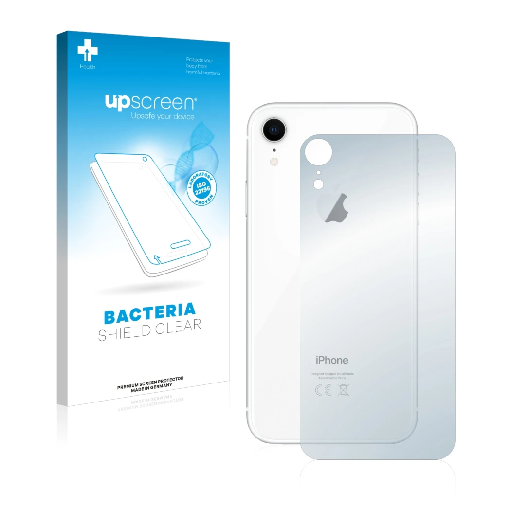 Parte frontal de un envase de producto con el logotipo de la marca upscreen. Al lado se muestra el dispositivo Apple iPhone XR