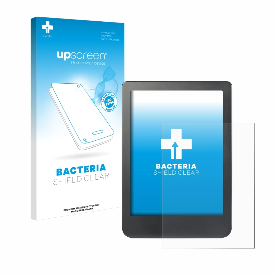 Parte frontal de un envase de producto con el logotipo de la marca upscreen. Al lado se muestra el dispositivo Kobo Clara HD (
