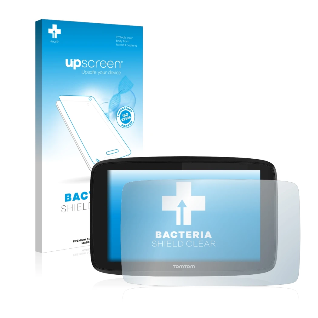 Parte frontal de un envase de producto con el logotipo de la marca upscreen. Al lado se muestra el dispositivo TomTom GO Essen