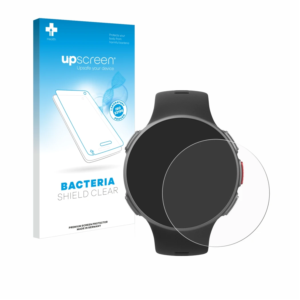 Parte frontal de un envase de producto con el logotipo de la marca upscreen. Al lado se muestra el dispositivo Polar Vantage V