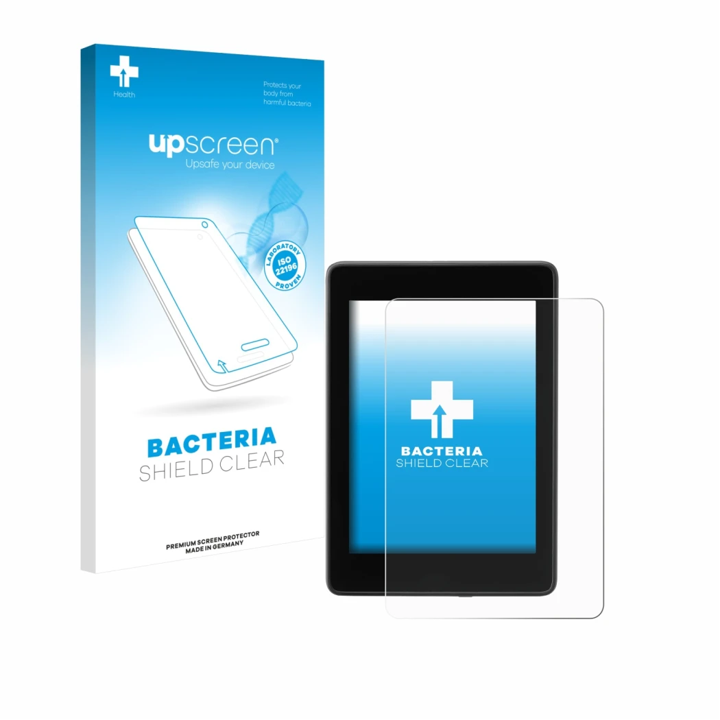 Parte frontal de un envase de producto con el logotipo de la marca upscreen. Al lado se muestra el dispositivo Amazon Kindle P