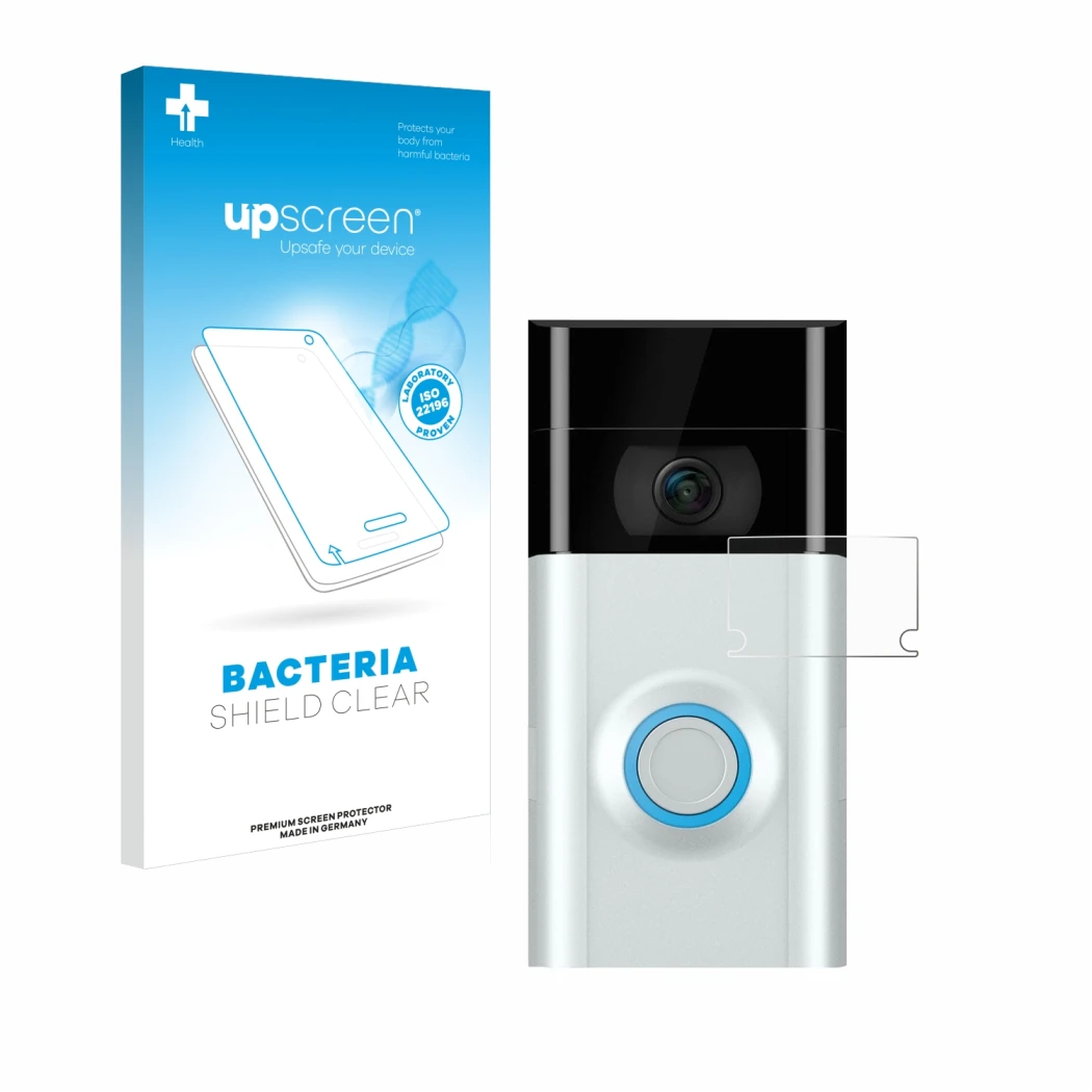 Parte frontal de un envase de producto con el logotipo de la marca upscreen. Al lado se muestra el dispositivo Ring Doorbell 2