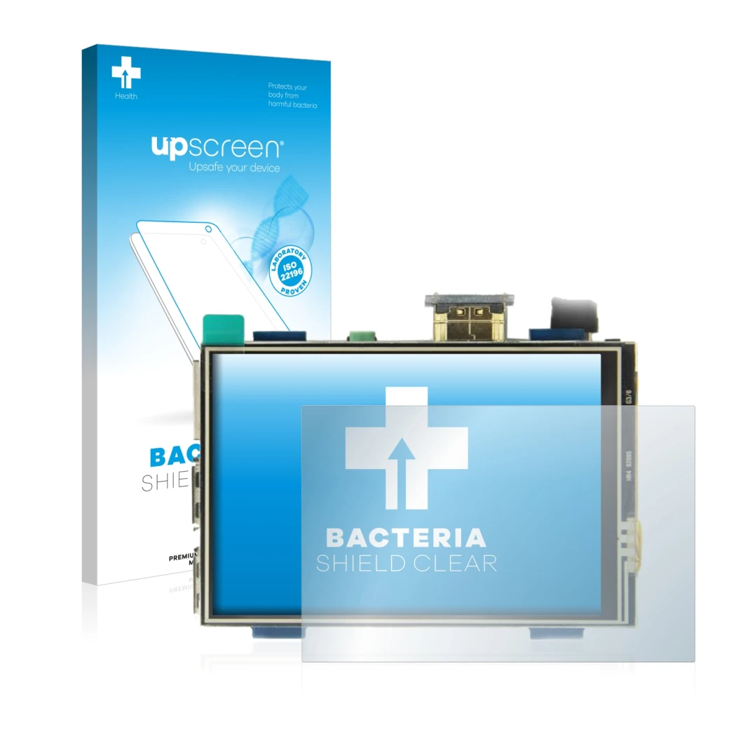 Parte frontal de un envase de producto con el logotipo de la marca upscreen. Al lado se muestra el dispositivo Raspberry Pi To
