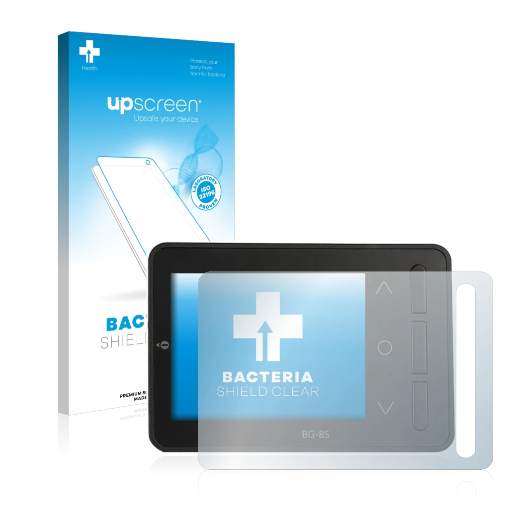 Parte frontal de un envase de producto con el logotipo de la marca upscreen. Al lado se muestra el dispositivo ISDT BG-8S con