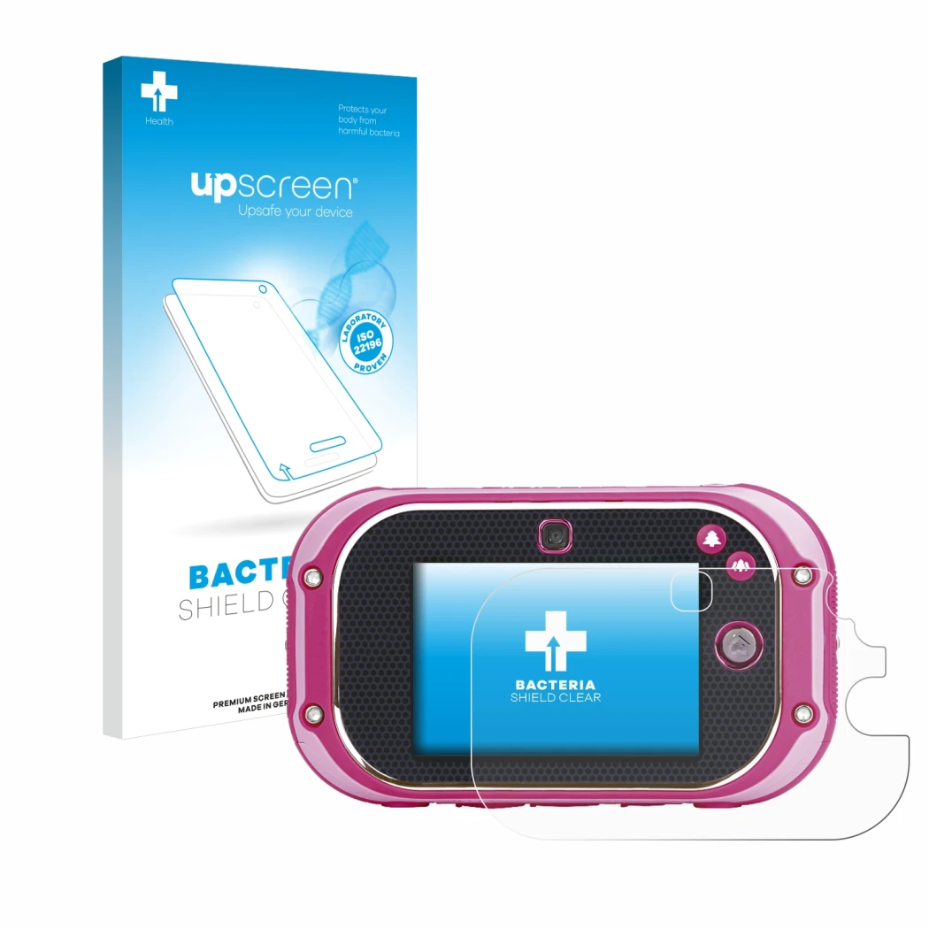 Parte frontal de un envase de producto con el logotipo de la marca upscreen. Al lado se muestra el dispositivo Vtech Kidizoom