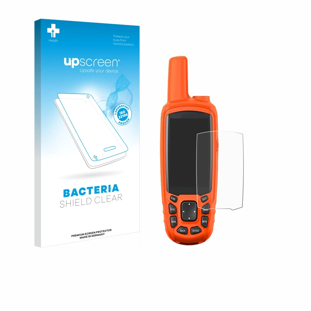 Parte frontal de un envase de producto con el logotipo de la marca upscreen. Al lado se muestra el dispositivo Garmin Astro 43