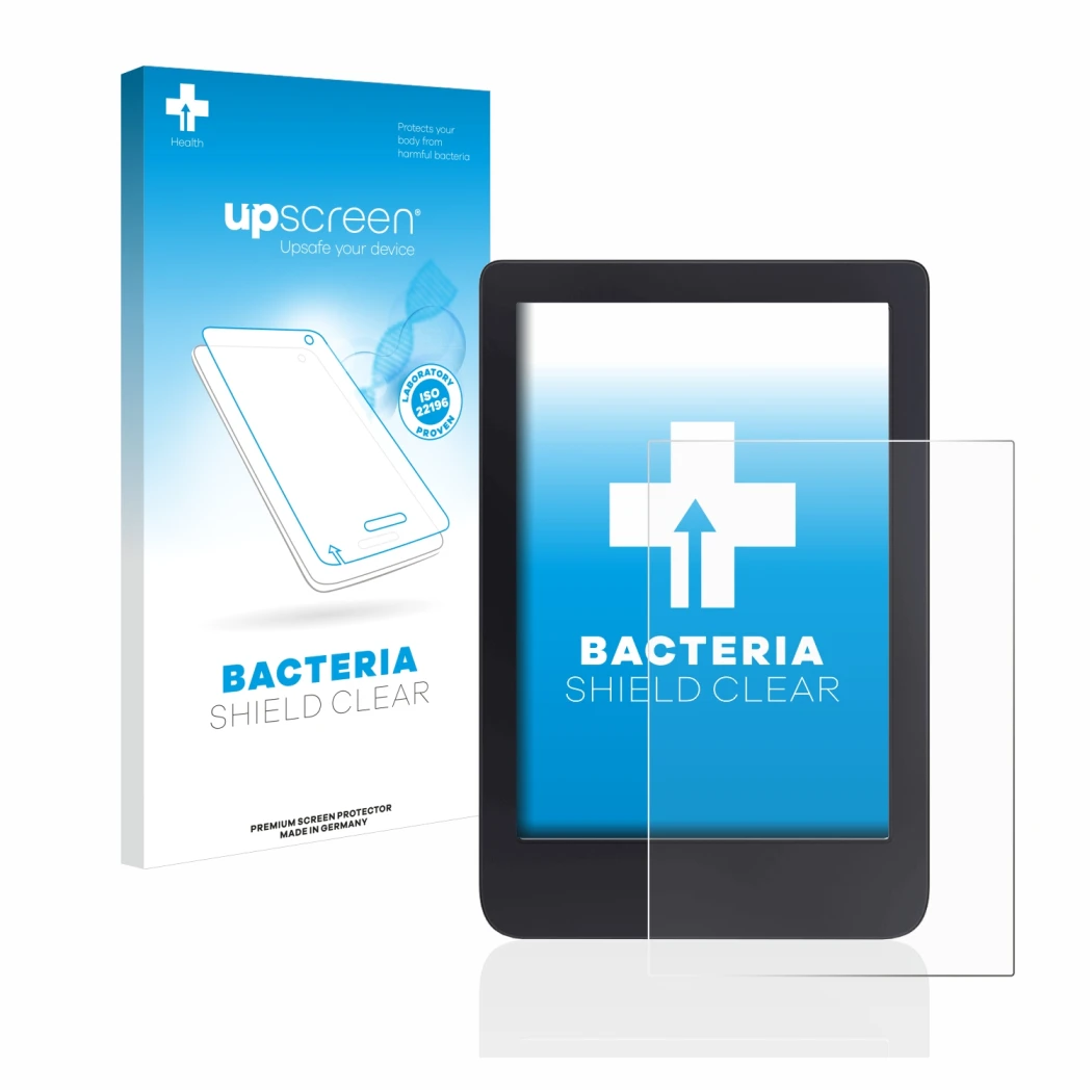 Parte frontal de un envase de producto con el logotipo de la marca upscreen. Al lado se muestra el dispositivo Tolino Shine 3
