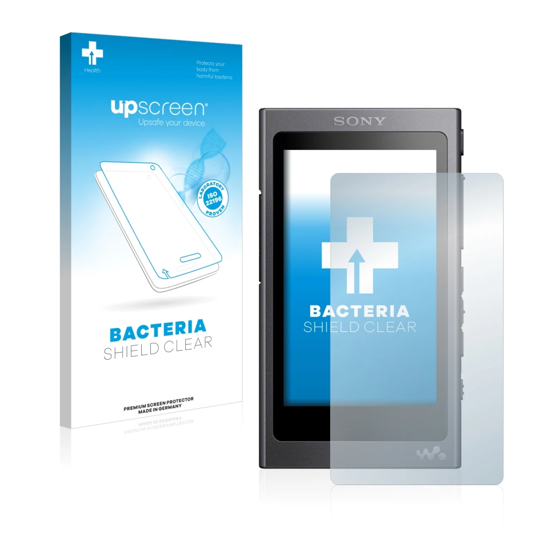 Parte frontal de un envase de producto con el logotipo de la marca upscreen. Al lado se muestra el dispositivo Sony Walkman A4